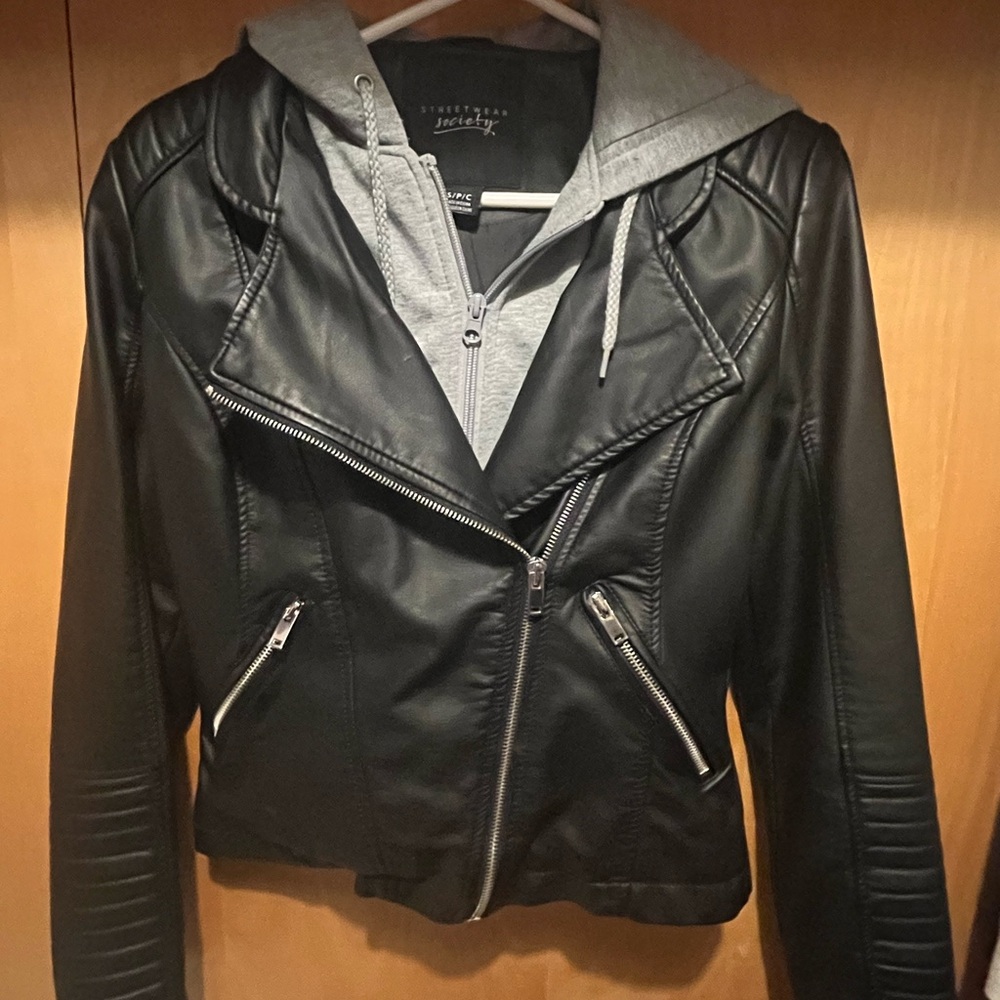 Streetwear Society Black Leather Jacket with Gray Hood